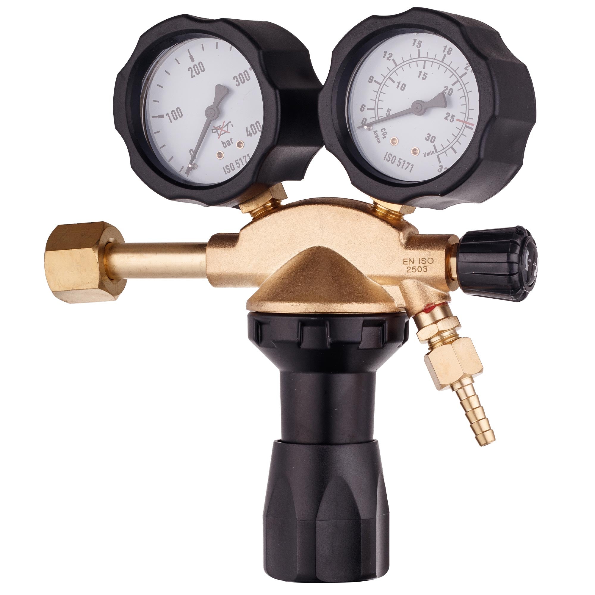 Redukční Ventil Argon CO2 TC Technic 0-4 Bar 32 m3/h Mosazný se 2 Manometry