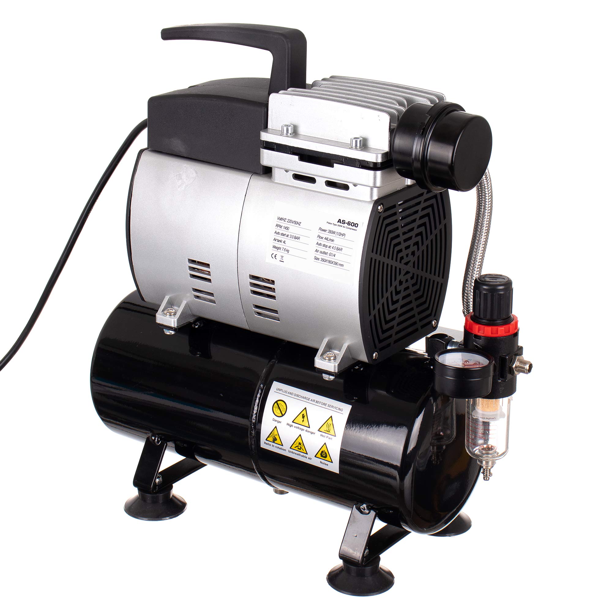 Výkonný Airbrush kompresor, 4L válec 350W Max 4 BAR 44 l/min Redukční filtr