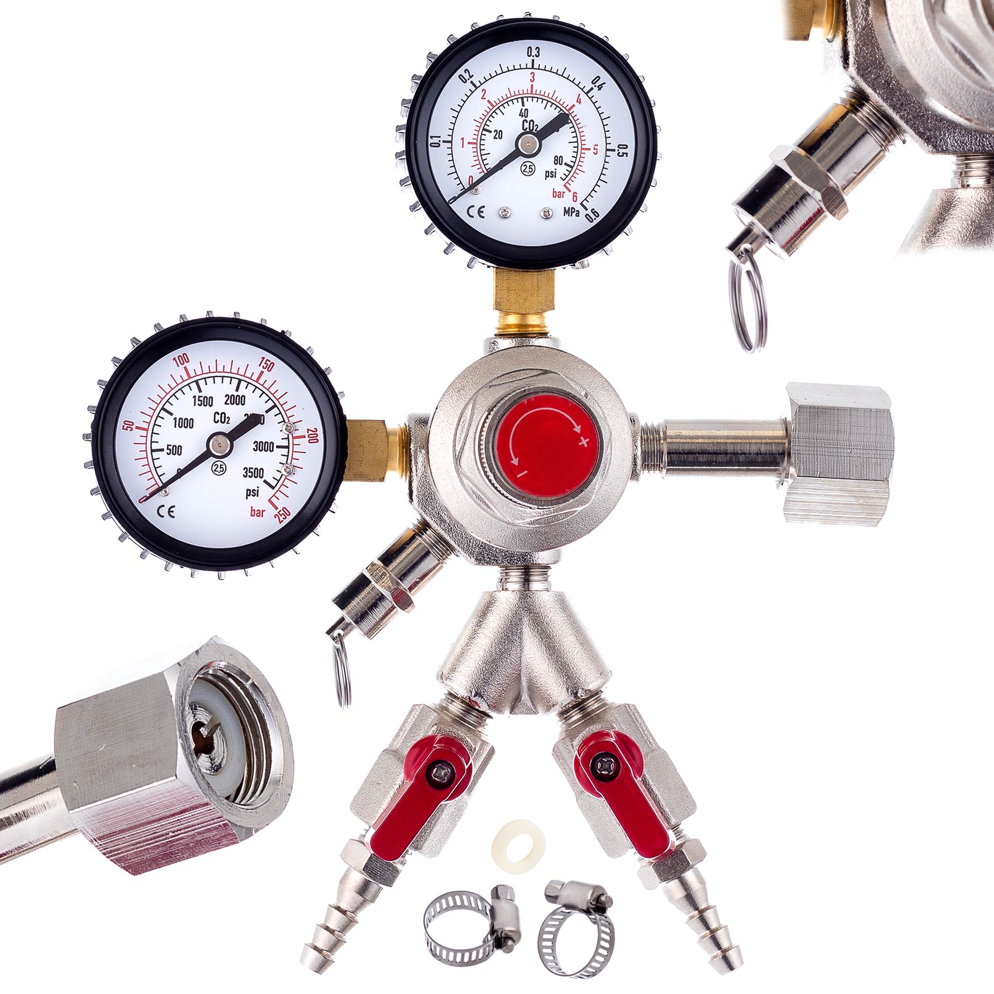 Reduktor CO2 pro vodu Pivo Víno Cider Double Fuse 2x 8mm ventily