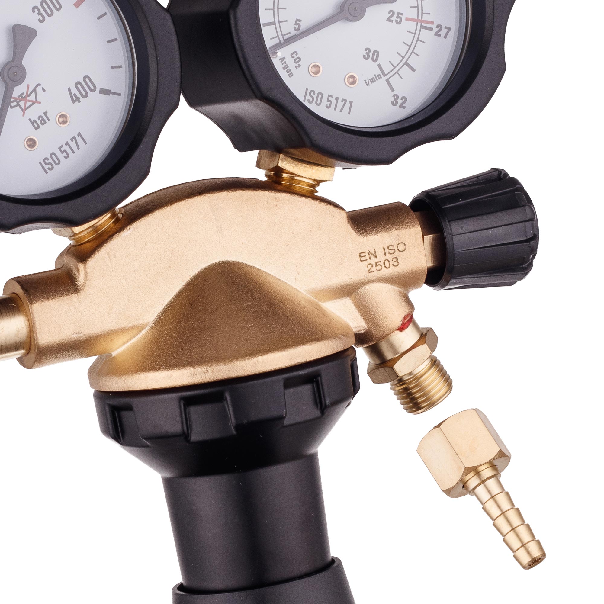 Redukční Ventil Argon CO2 TC Technic 0-4 Bar 32 m3/h Mosazný se 2 Manometry