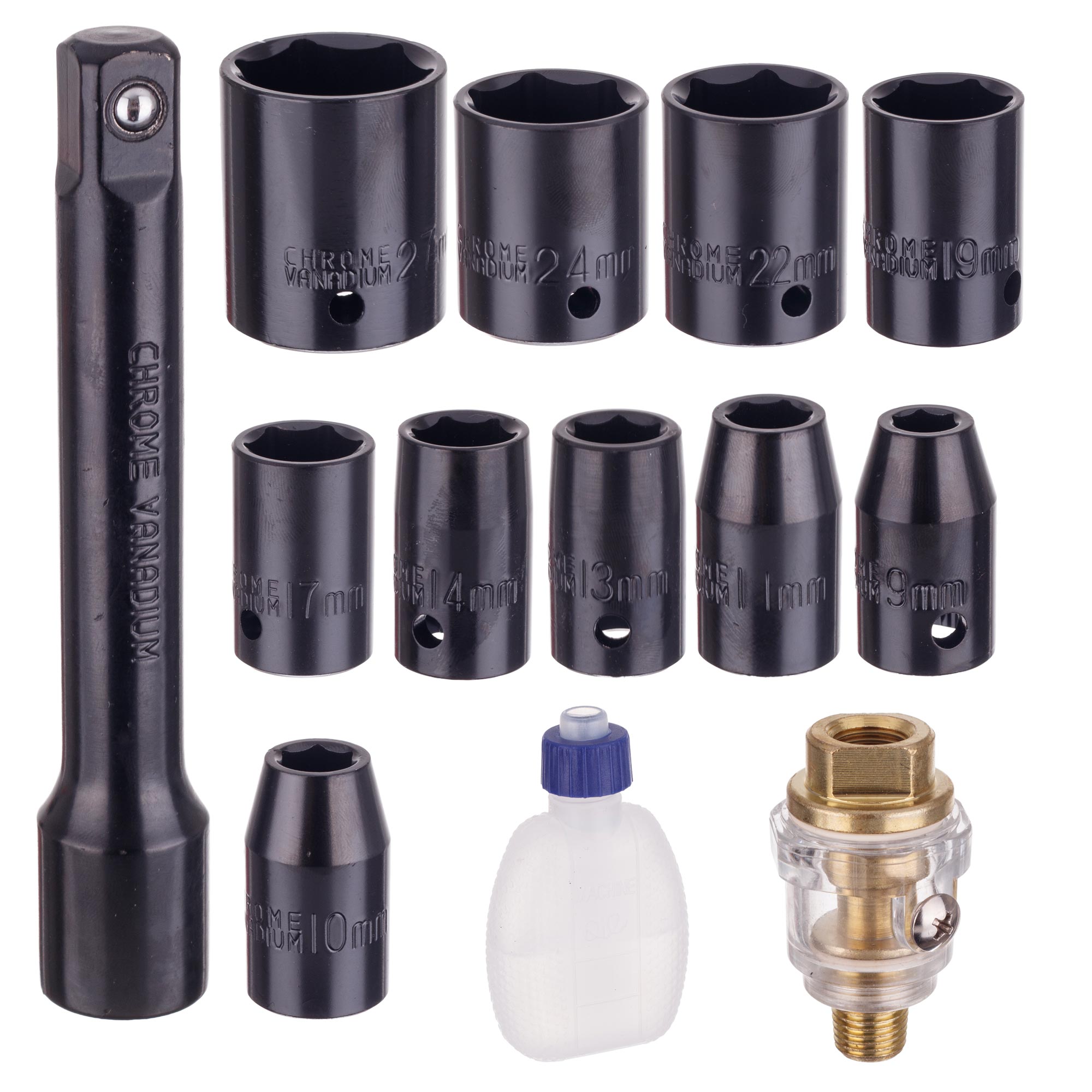 PNEUMATICKÝ RÁZOVÝ UTAHOVÁK S NÁSTAVCI 1/2" 340 Nm 9–27 mm NA KOLA 7000 O/MIN