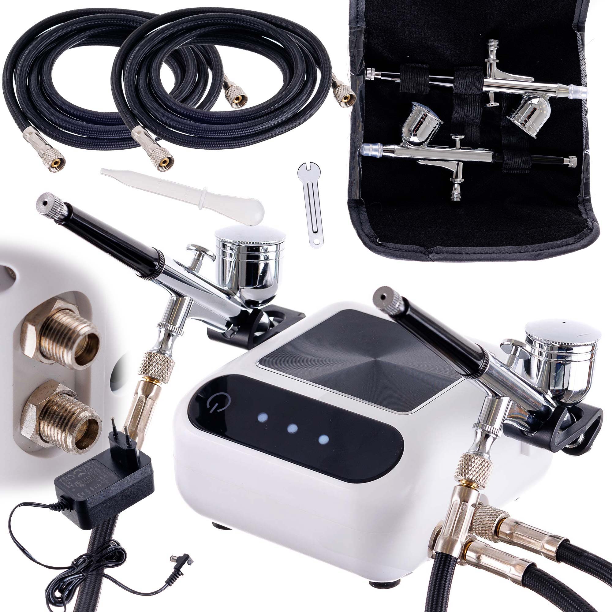 Tichý kompresor MINI Airbrush 2x Airbrush, hadice, ovládání AUTO STOP