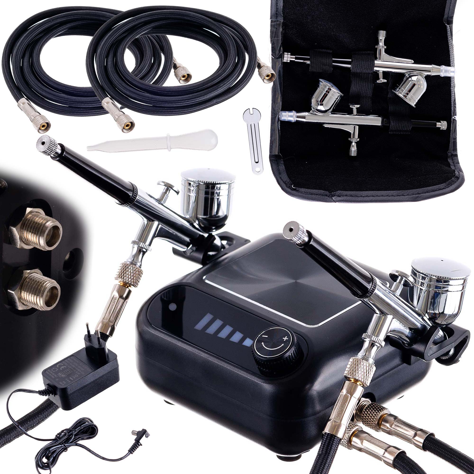 Tichý kompresor pro DVA Airbrush, 2x Airbrush 0,3, Hadice 170cm, Nastav.