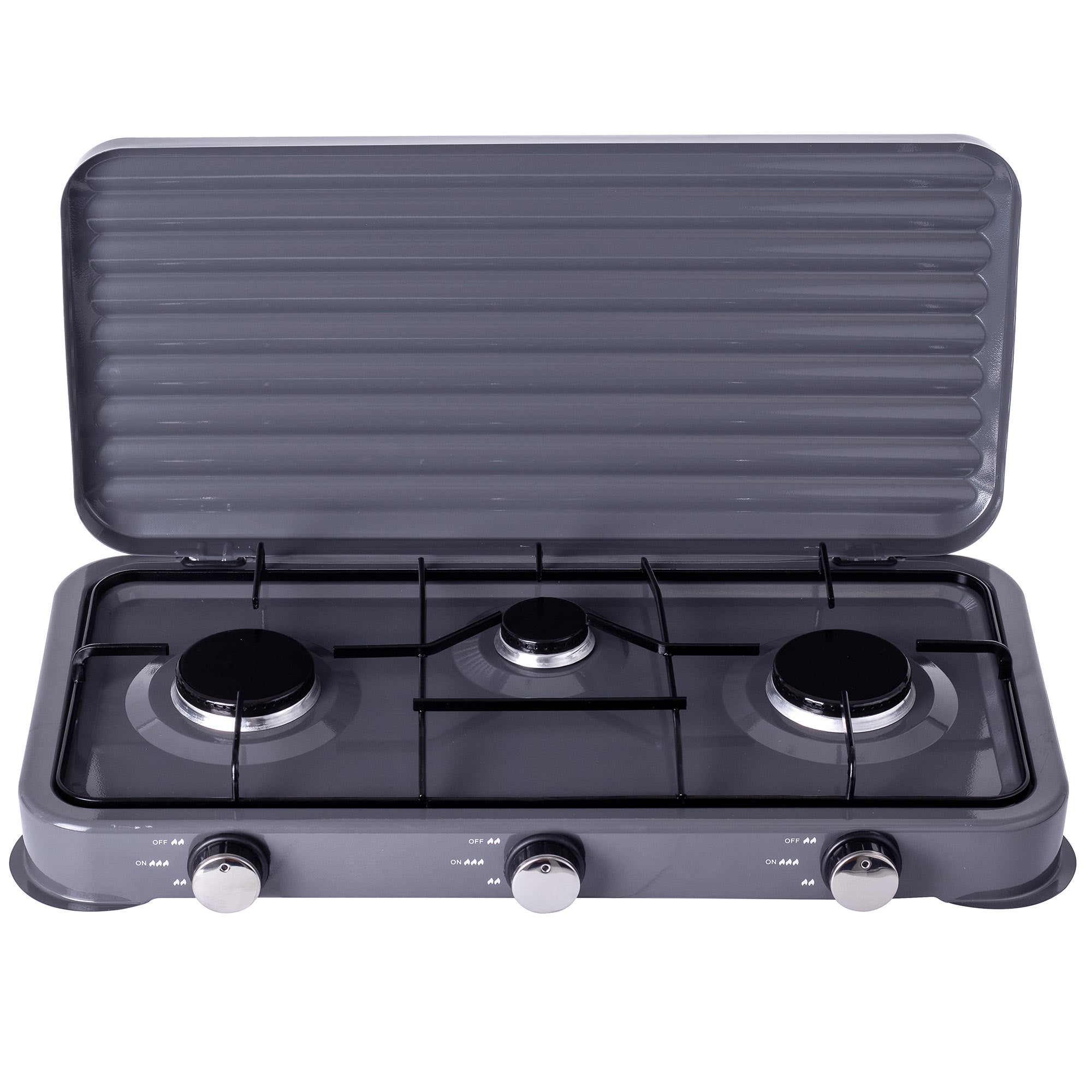 Přenosný plynový sporák, 3 hořáky, šedý, velký turistický válec