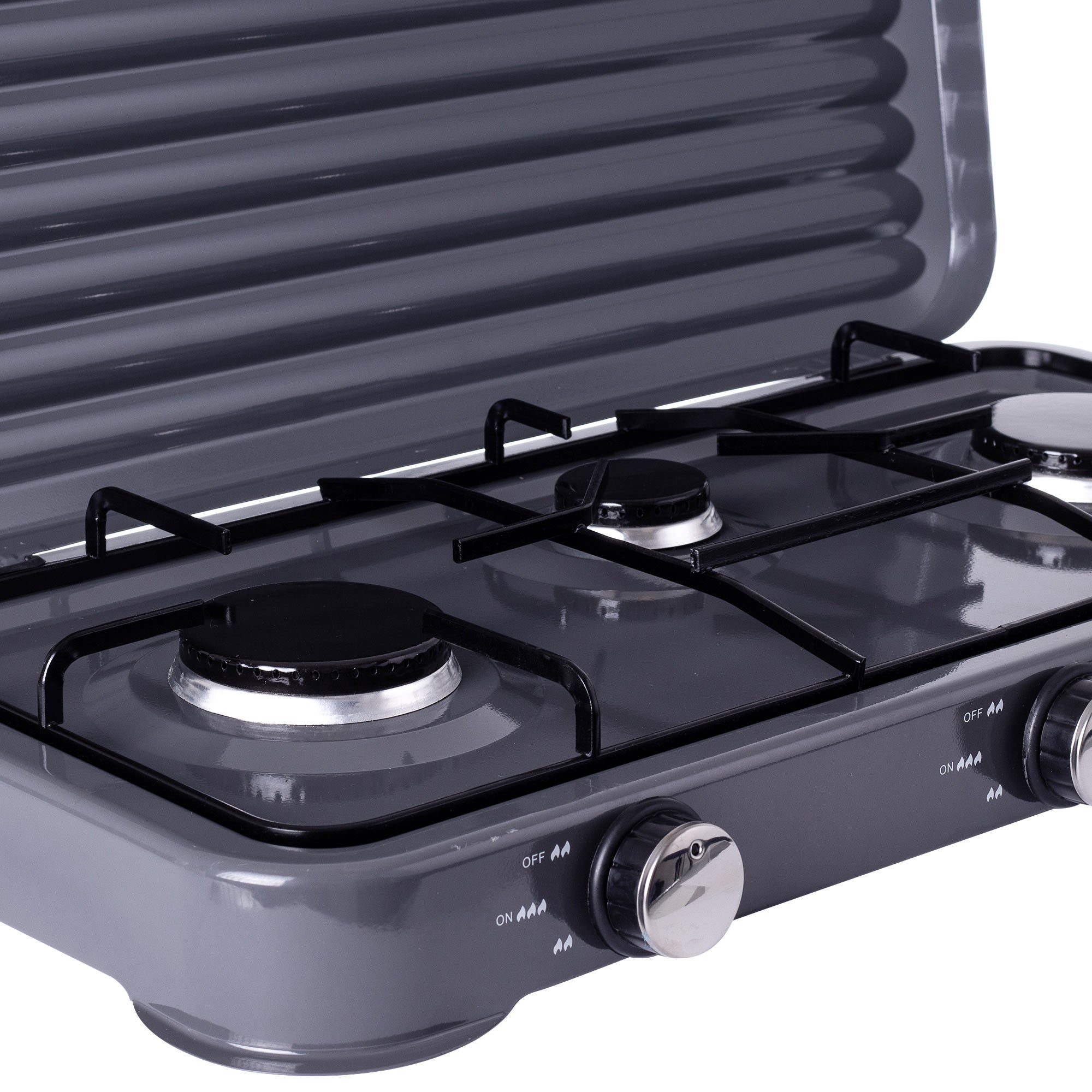 Přenosný plynový sporák, 3 hořáky, šedý, velký turistický válec