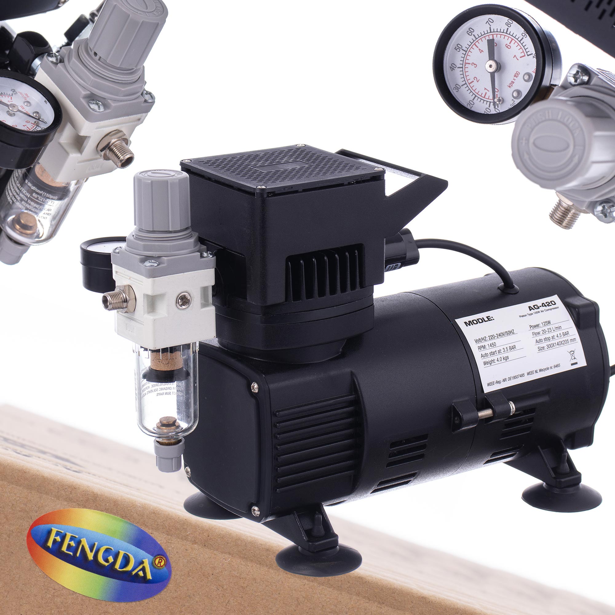 Kompresor, AG-420 FENGDA pro Airbrush 2x Ventilátor 4,5bar redukce + filtr