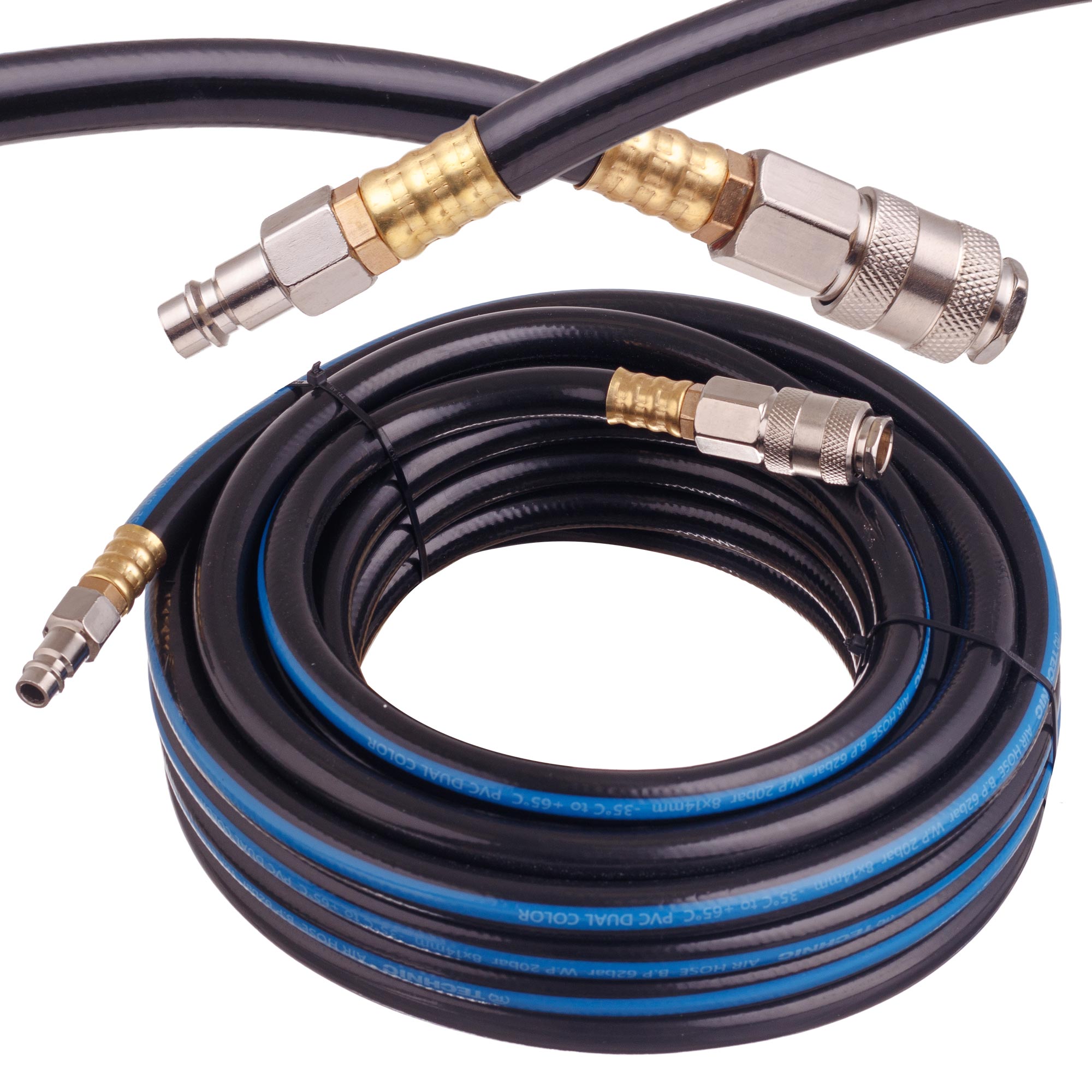 Pružná pneumatická hadice z PVC pro kompresor 8×14 mm, 10 m, 20 bar, rychlospojky