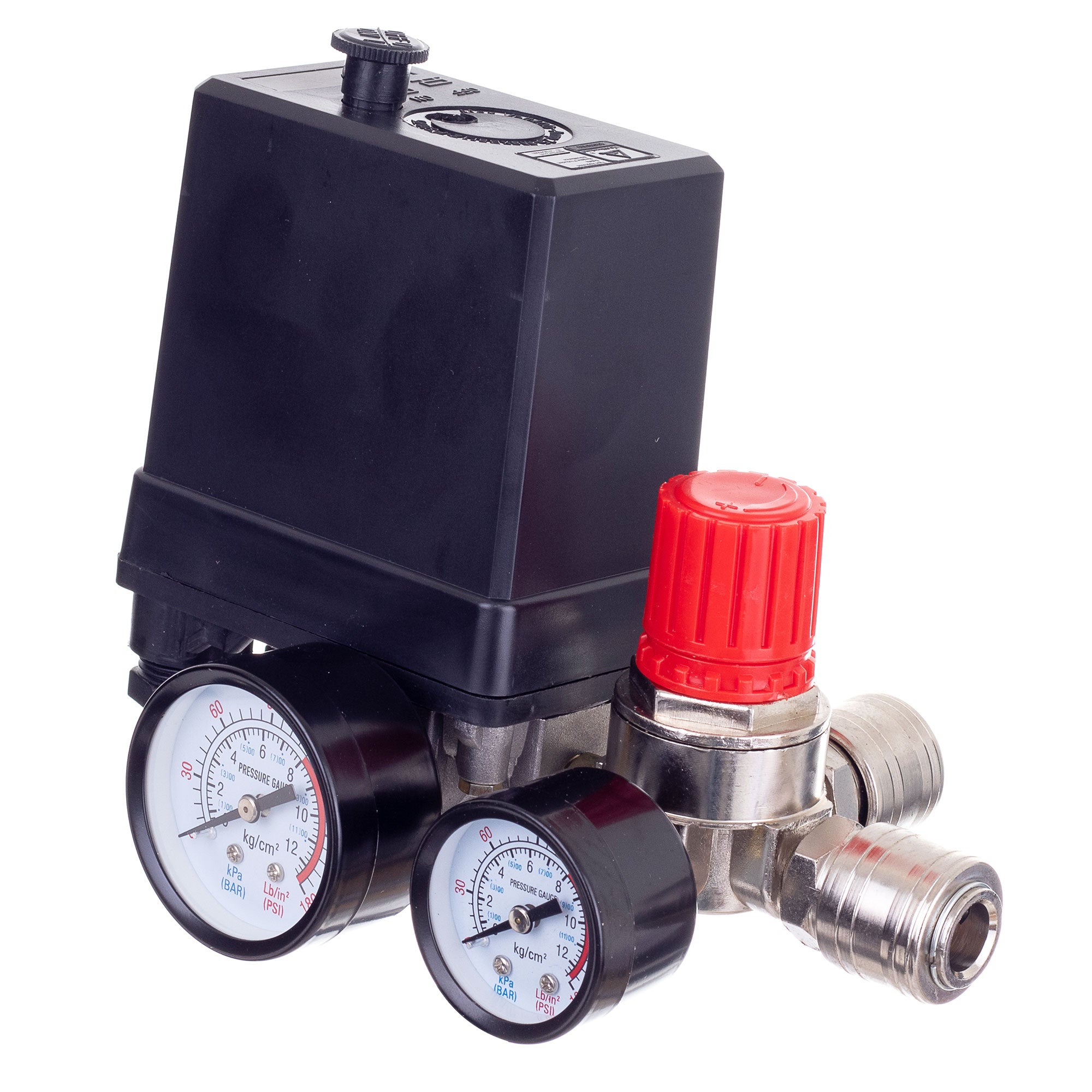 Tlakový spínač pro kompresory 1/4", 400V, Regulátor, 2x manometr, 2 x rychlospojka, PL400-2 TC Technic