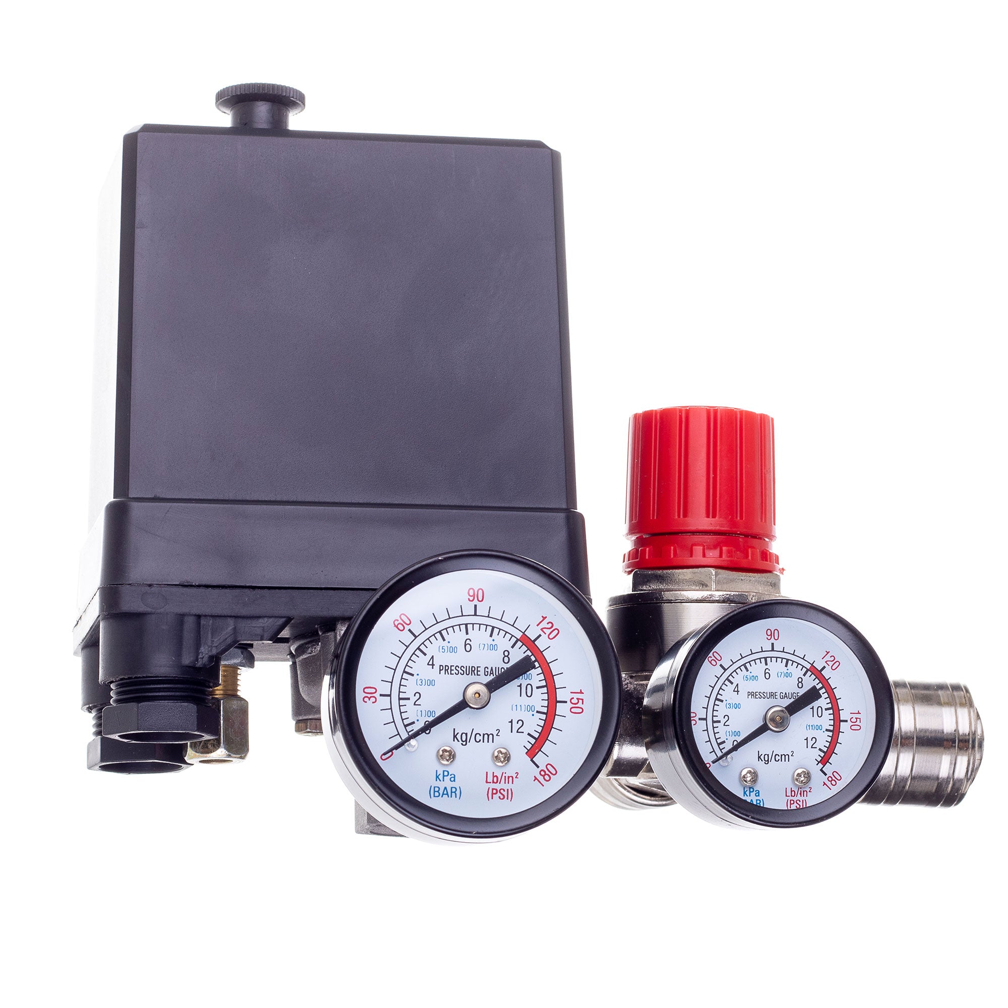 Tlakový spínač pro kompresory 1/4", 400V, Regulátor, 2x manometr, 2 x rychlospojka, PL400-2 TC Technic