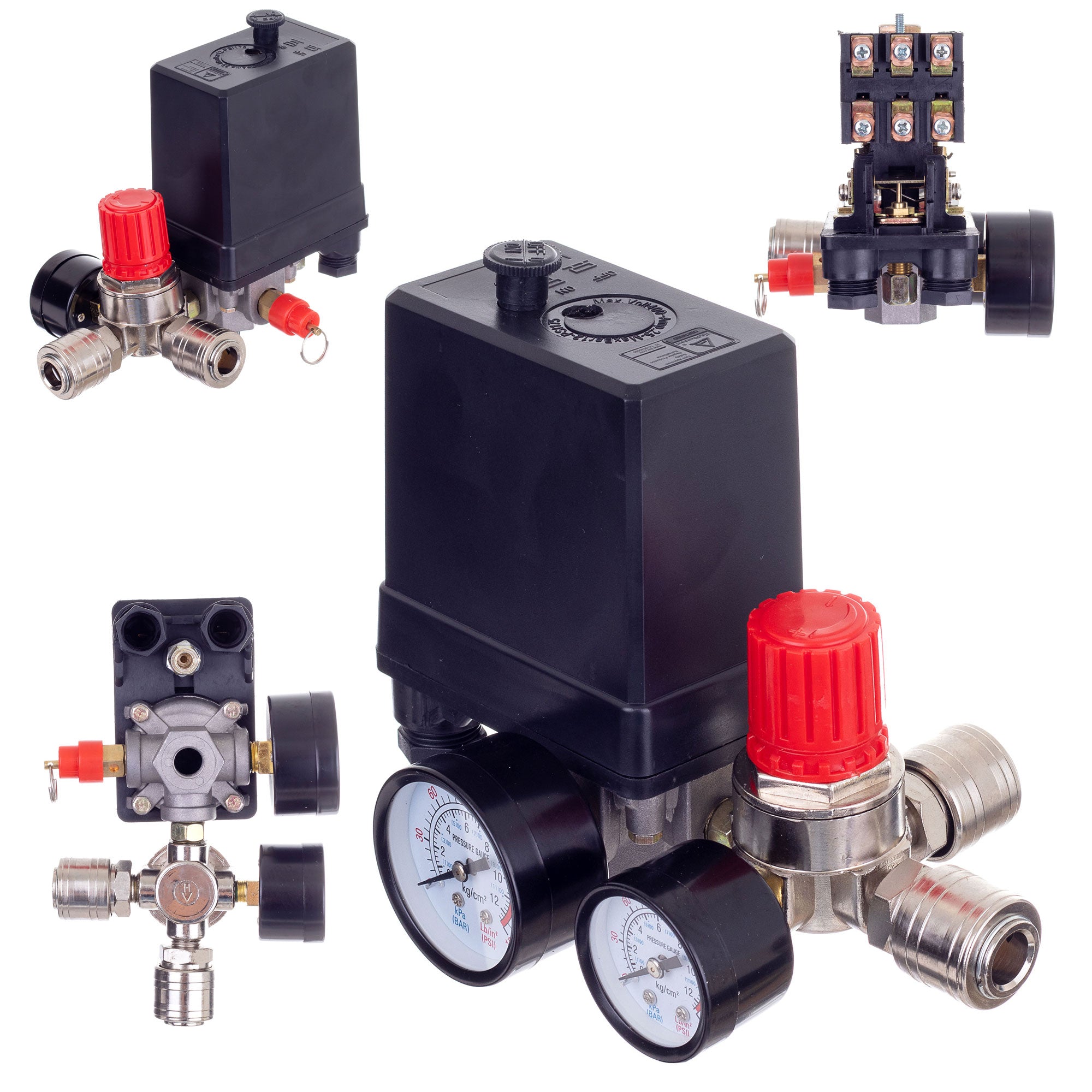 Tlakový spínač pro kompresory 1/4", 400V, Regulátor, 2x manometr, 2 x rychlospojka, PL400-2 TC Technic