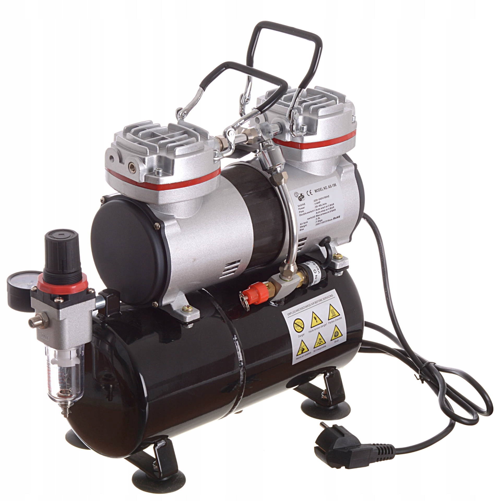 Airbrush kompresor AS-196, až 6 barů, Dvouválcový, 40l/min, 3l nádrž, Vstup 1/8"