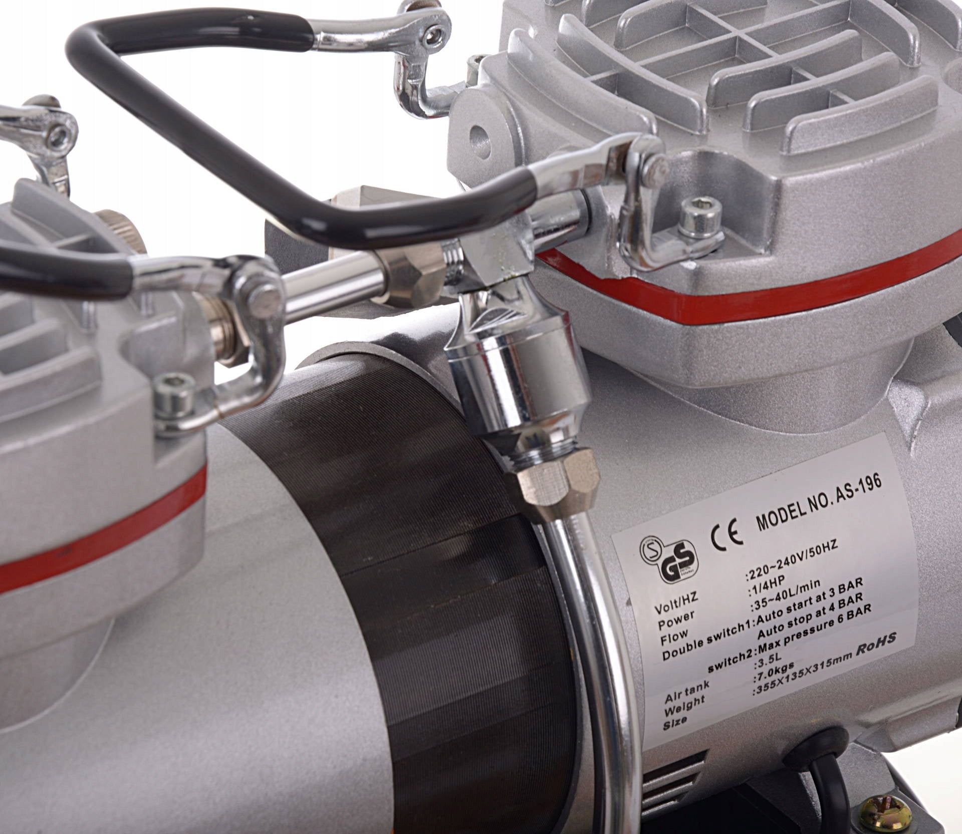 Airbrush kompresor AS-196, až 6 barů, Dvouválcový, 40l/min, 3l nádrž, Vstup 1/8"