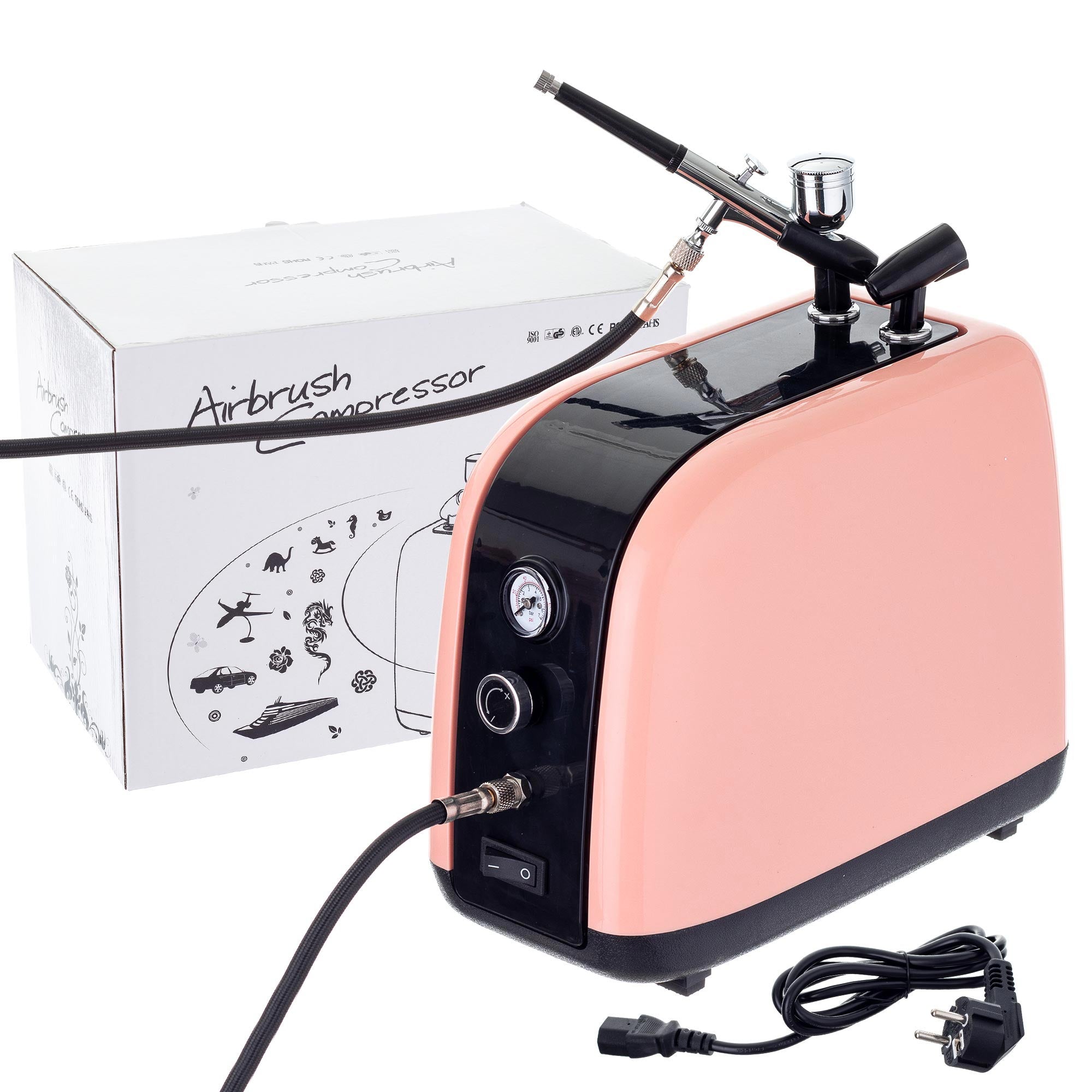 Airbrush kompresor, HS-386KP, 23l/min, Vstup 1/8", mtichý chod + airbrush pistole HS-30