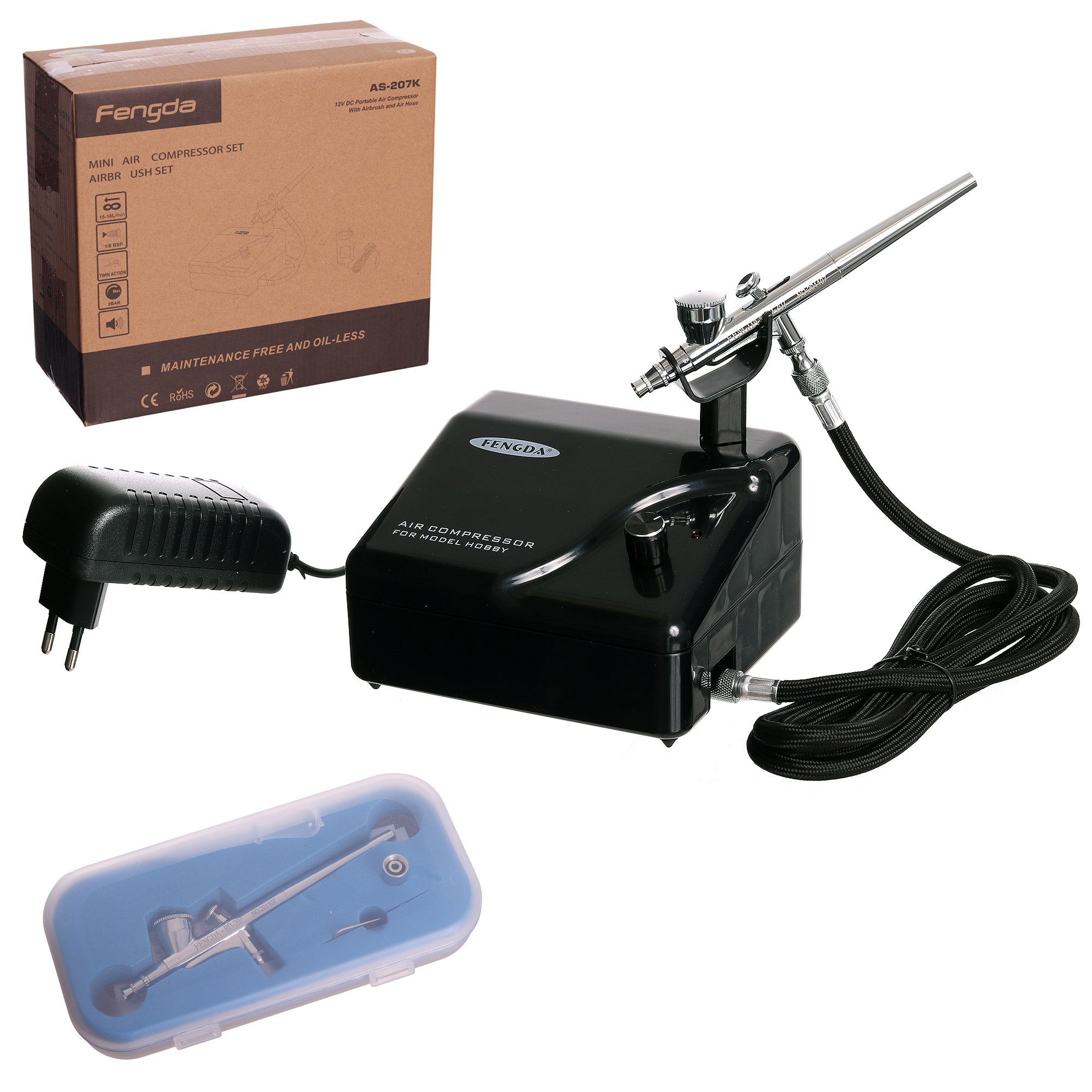 Mini Airbrush kompresor, AS-207K, 18l/min + Airbrush pistole HS-30 + Hadice