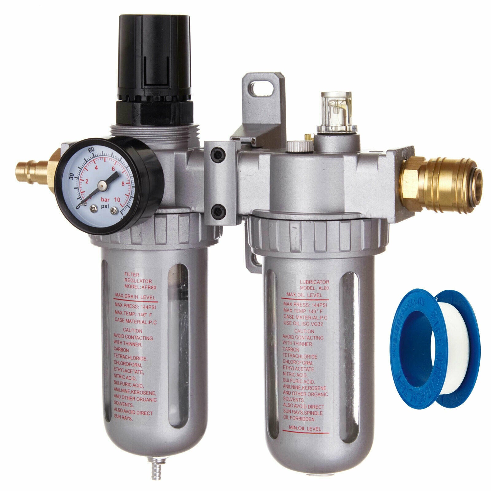Filtr + regulátor + olejovač ke kompresoru, závit 1/2, filtrace: 2 mikrony + sadu rychlospojek + teflonovou pásku
