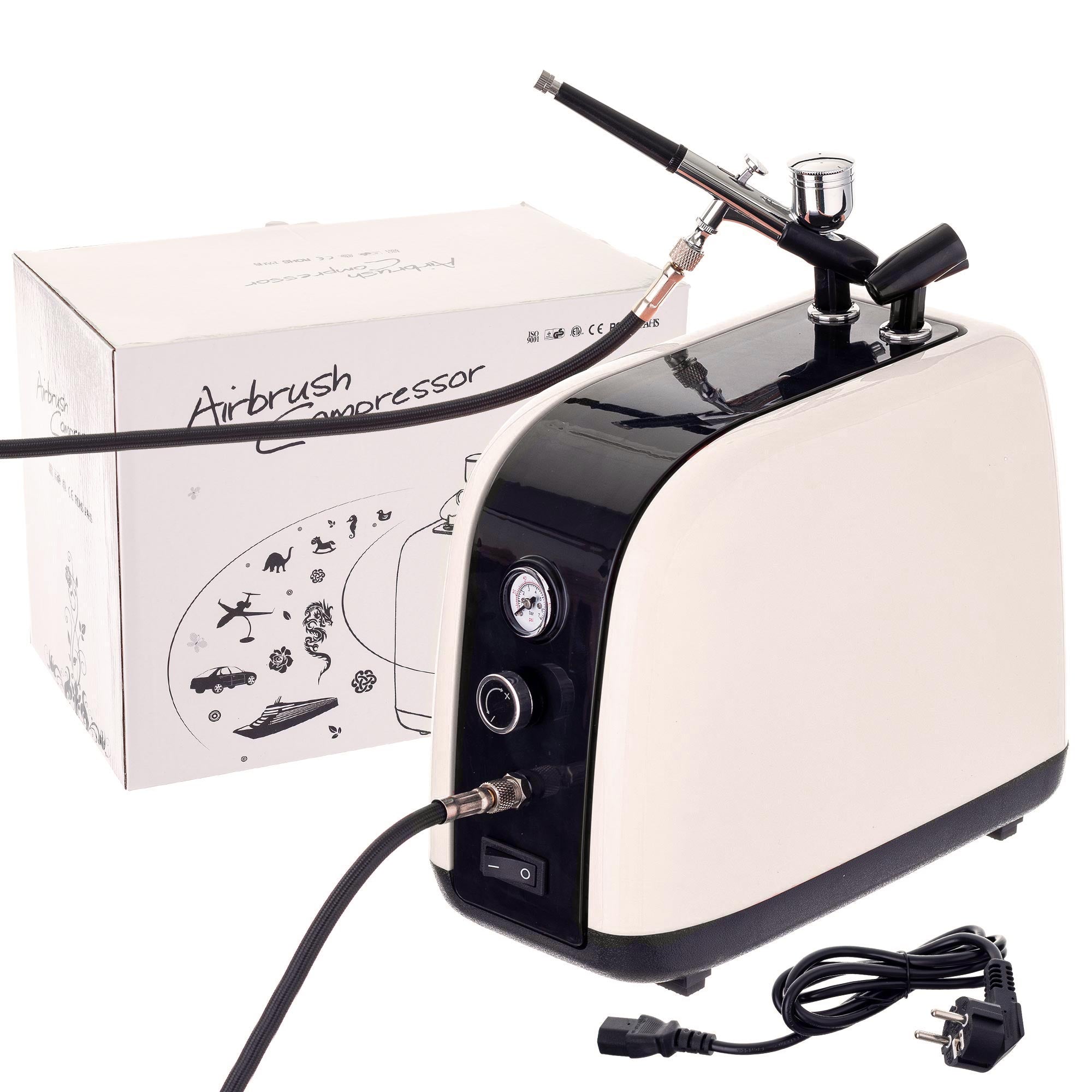 Airbrush kompresor, HS-386KW, 23l/min, Vstup 1/8", mtichý chod + airbrush pistole HS-30