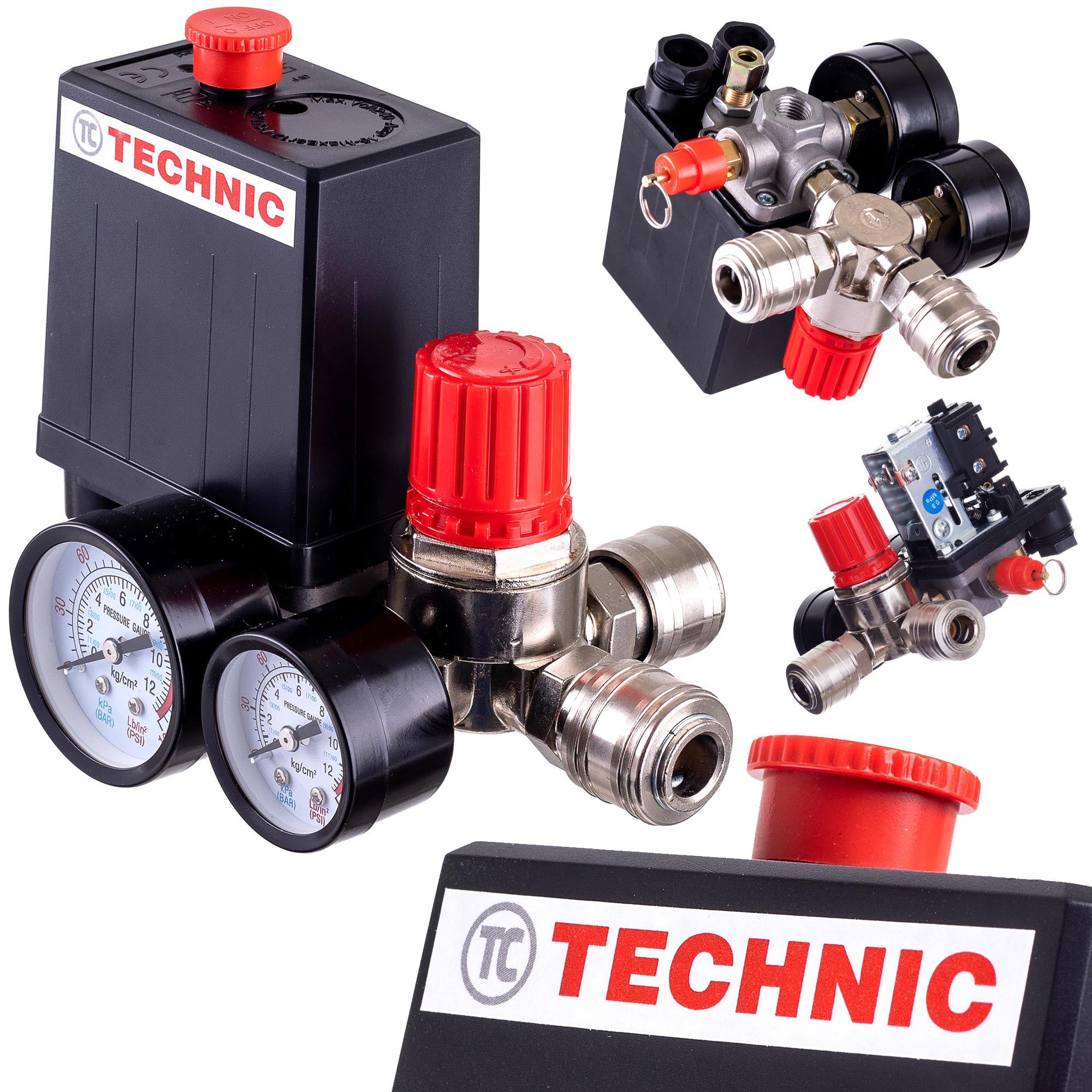 Tlakový spínač pro kompresory 1/4", 230V, Regulátor, 2x manometr, 2 x rychlospojka, PL230-2 TC Technic