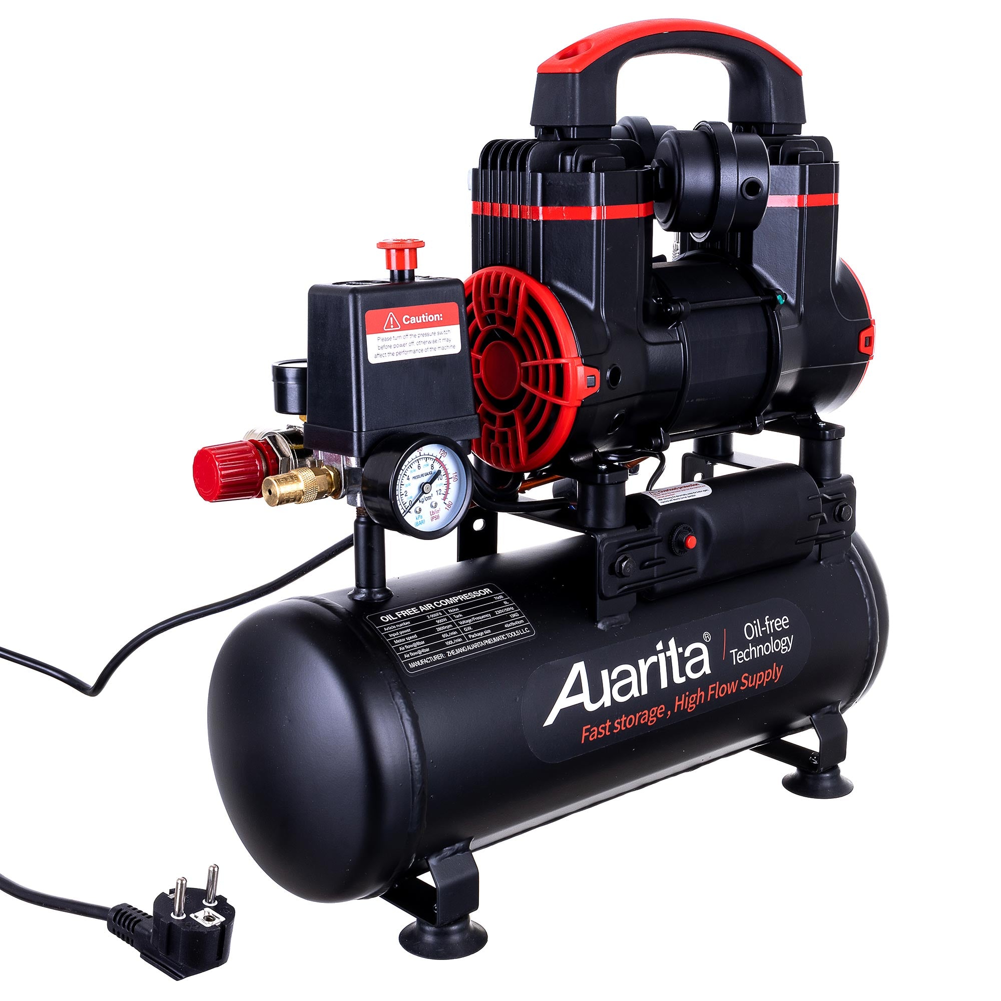 Bezolejový kompresor, zásobník 8L, výkon 100l/min na výstupu, 70dB, AUARITA