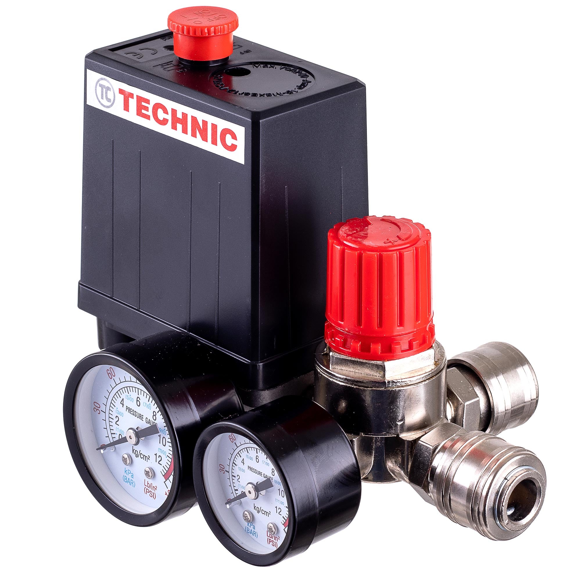 Tlakový spínač pro kompresory 1/4", 230V, Regulátor, 2x manometr, 2 x rychlospojka, PL230-2 TC Technic