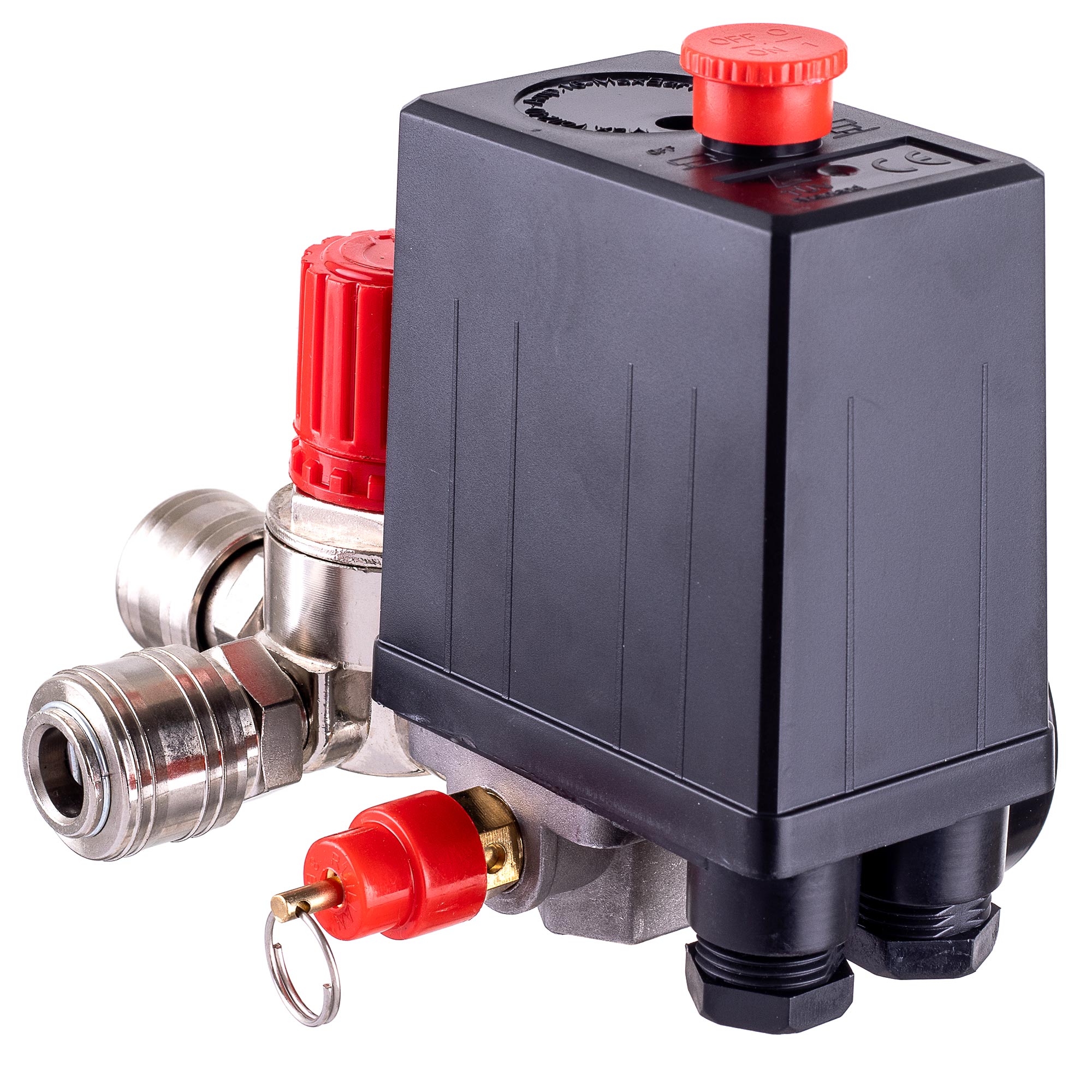 Tlakový spínač pro kompresory 1/4", 230V, Regulátor, 2x manometr, 2 x rychlospojka, PL230-2 TC Technic