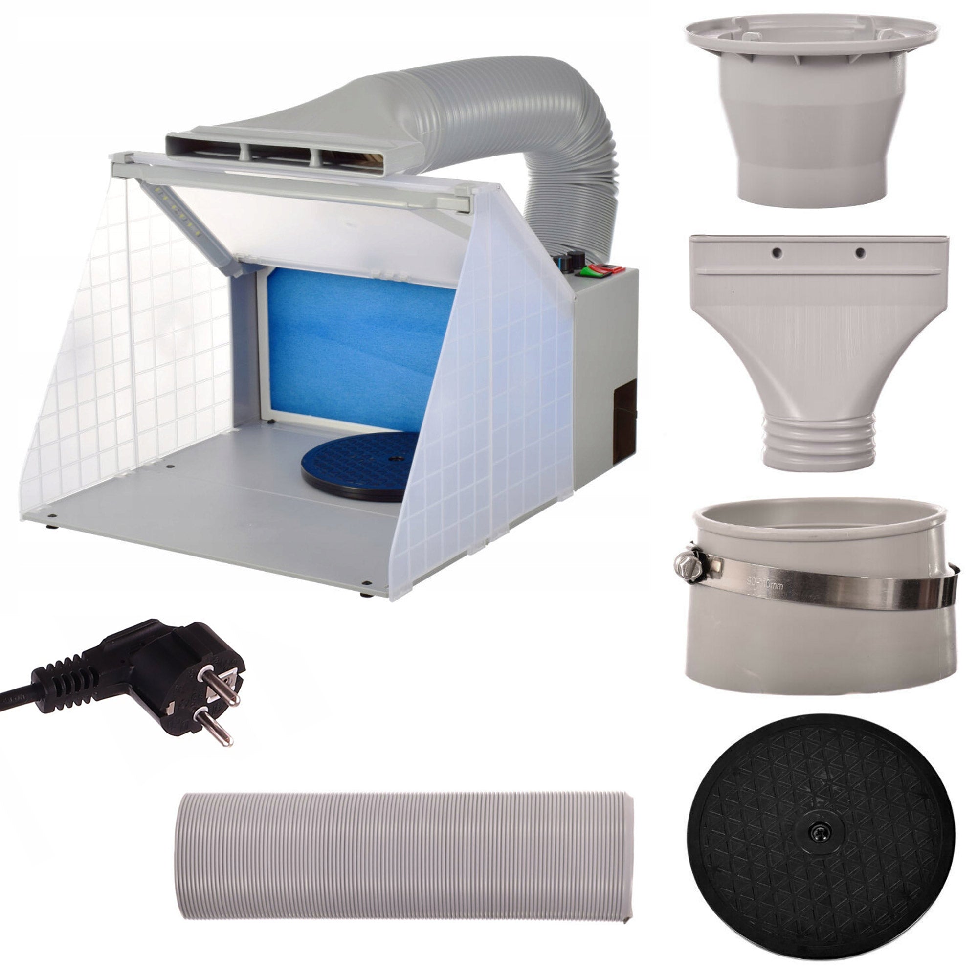 Modelovací kabina - Stříkací box HS-E420DCLBK - s nastavitelným osvětlením LED, s nastavitelným sáním a rotačním stojanem - pro airbrush modeláře