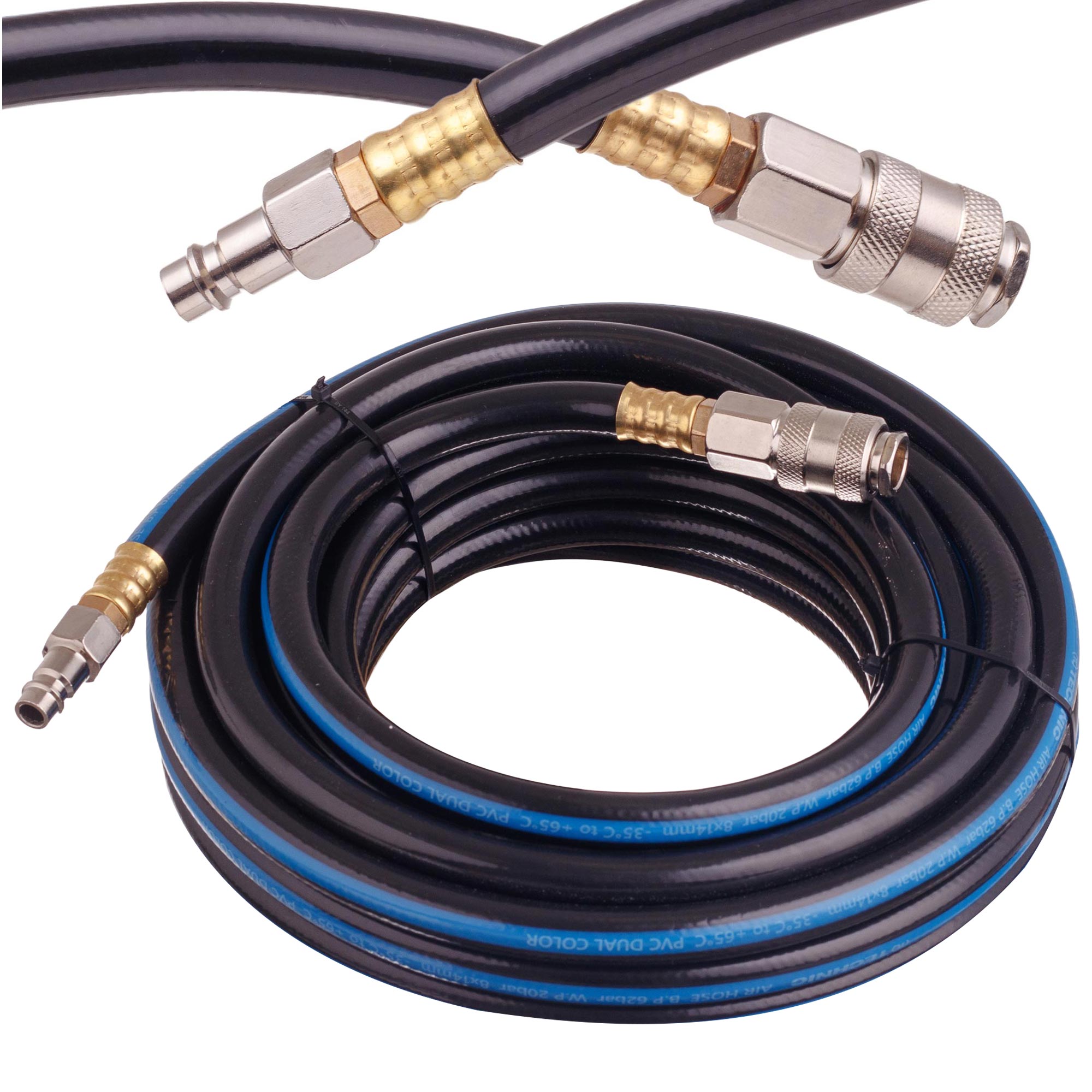Pružná pneumatická hadice z PVC pro kompresor 8 × 14 mm, 5 m, 20 bar, s rychlospojkami