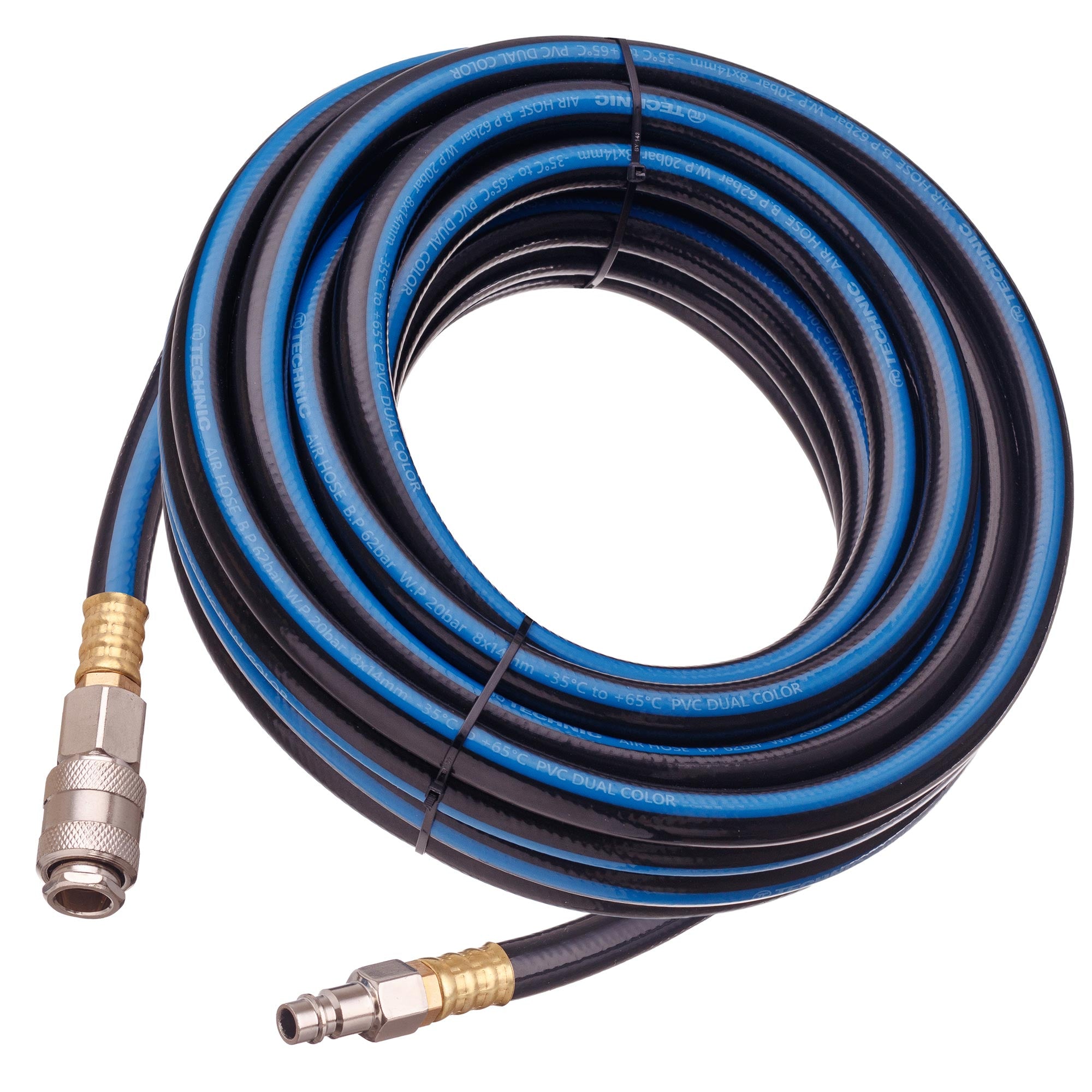 Pružná pneumatická hadice z PVC pro kompresor 8×14 mm, 10 m, 20 bar, rychlospojky