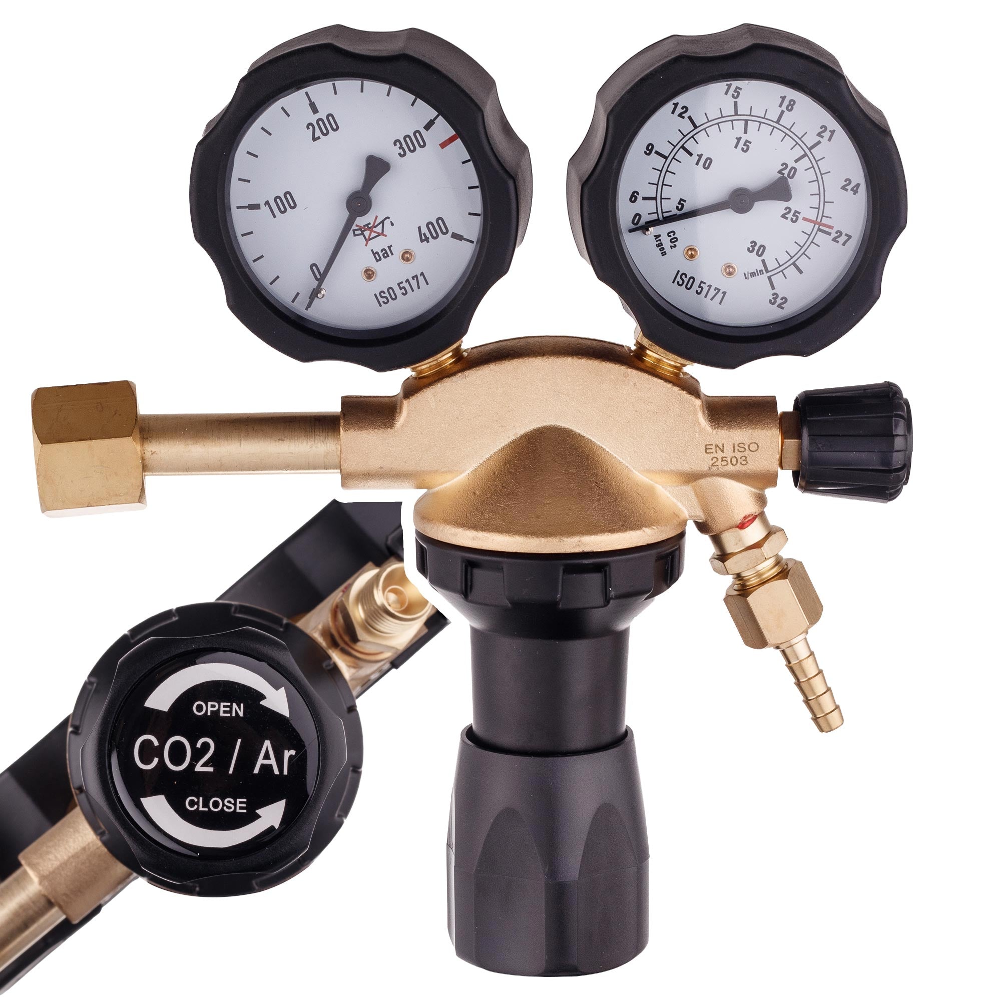 Redukční Ventil Argon CO2 TC Technic 0-4 Bar 32 m3/h Mosazný se 2 Manometry