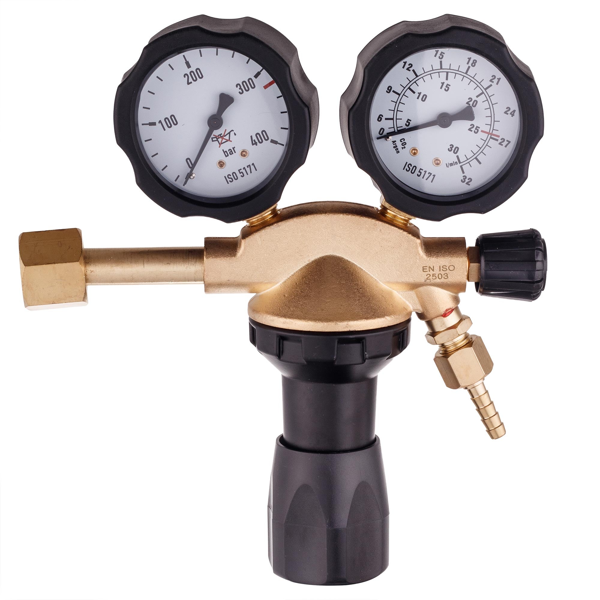Redukční Ventil Argon CO2 TC Technic 0-4 Bar 32 m3/h Mosazný se 2 Manometry