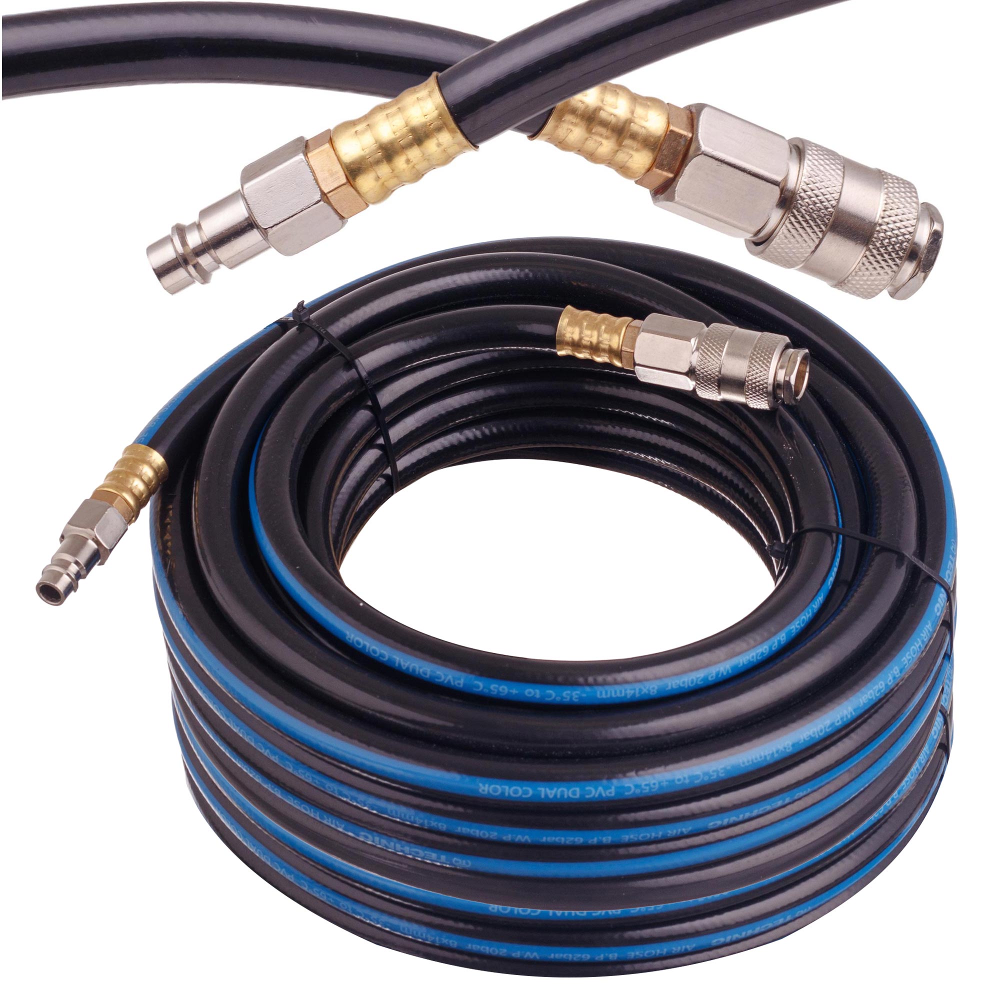 Pružná pneumatická hadice z PVC pro kompresor 8 × 14 mm, 15 m, 20 bar, rychlospojky