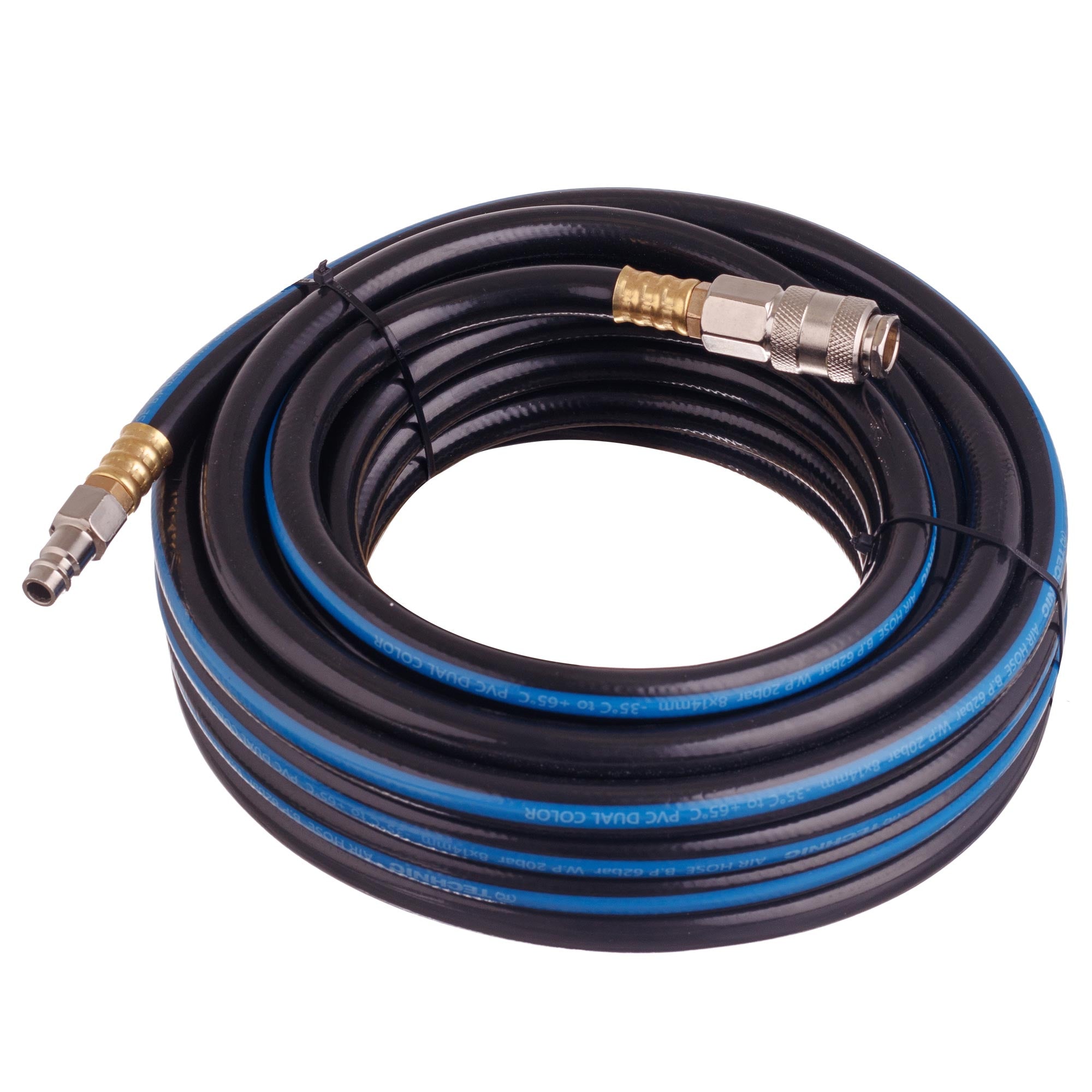 Pružná pneumatická hadice z PVC pro kompresor 8 × 14 mm, 20 m, 20 bar, rychlospojky