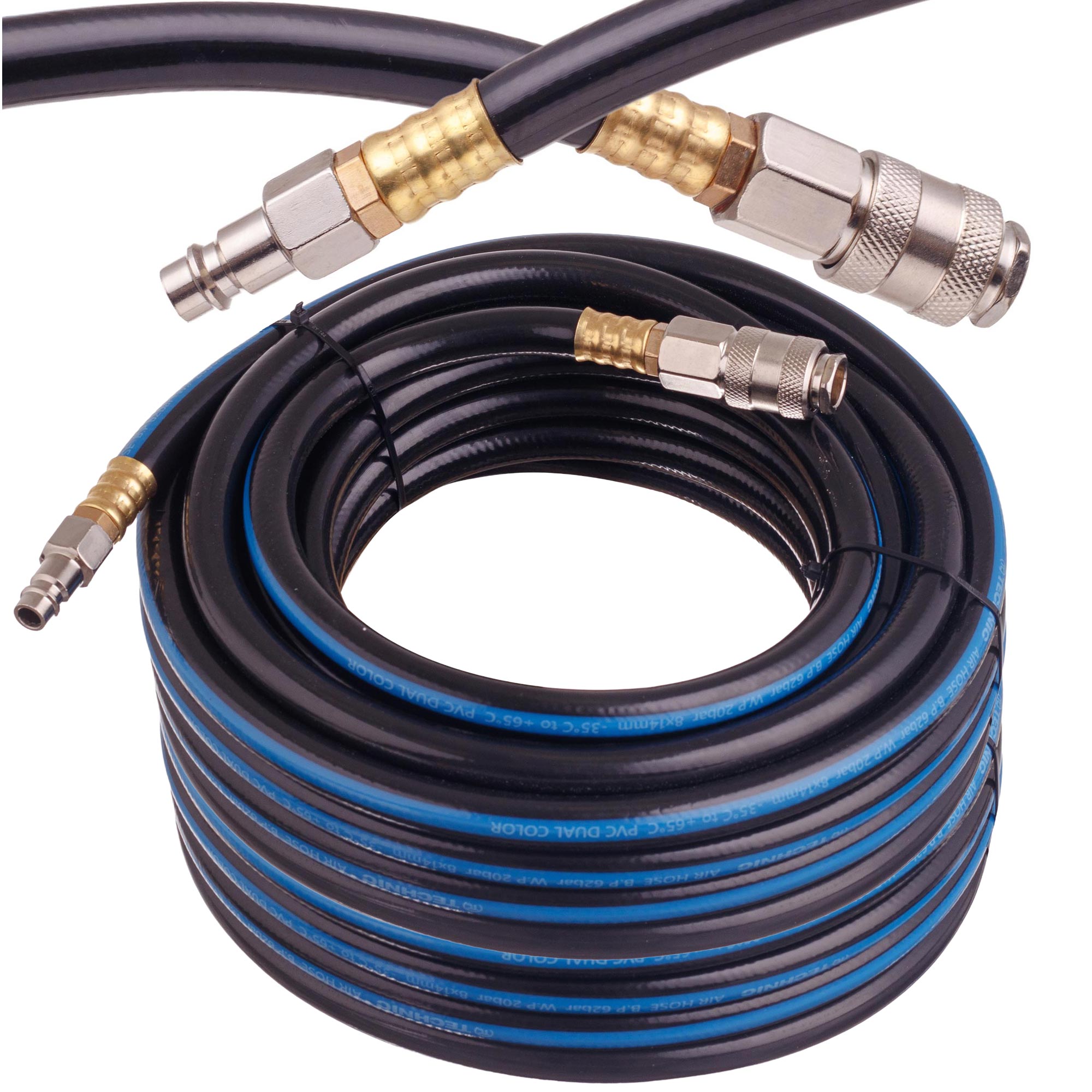 Pružná pneumatická hadice z PVC pro kompresor 8 × 14 mm, 20 m, 20 bar, rychlospojky