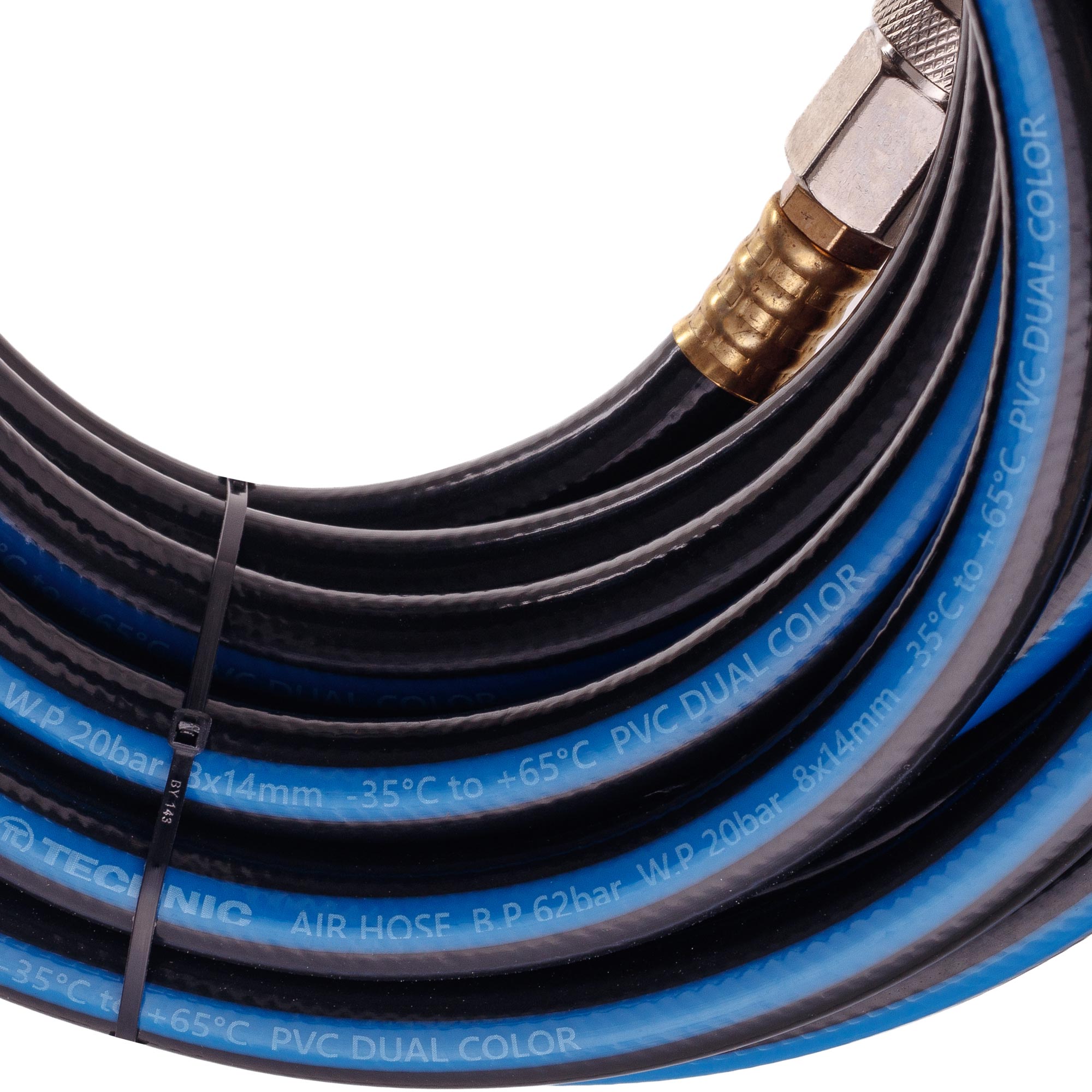 Pružná pneumatická hadice z PVC pro kompresor 8×14 mm, 10 m, 20 bar, rychlospojky