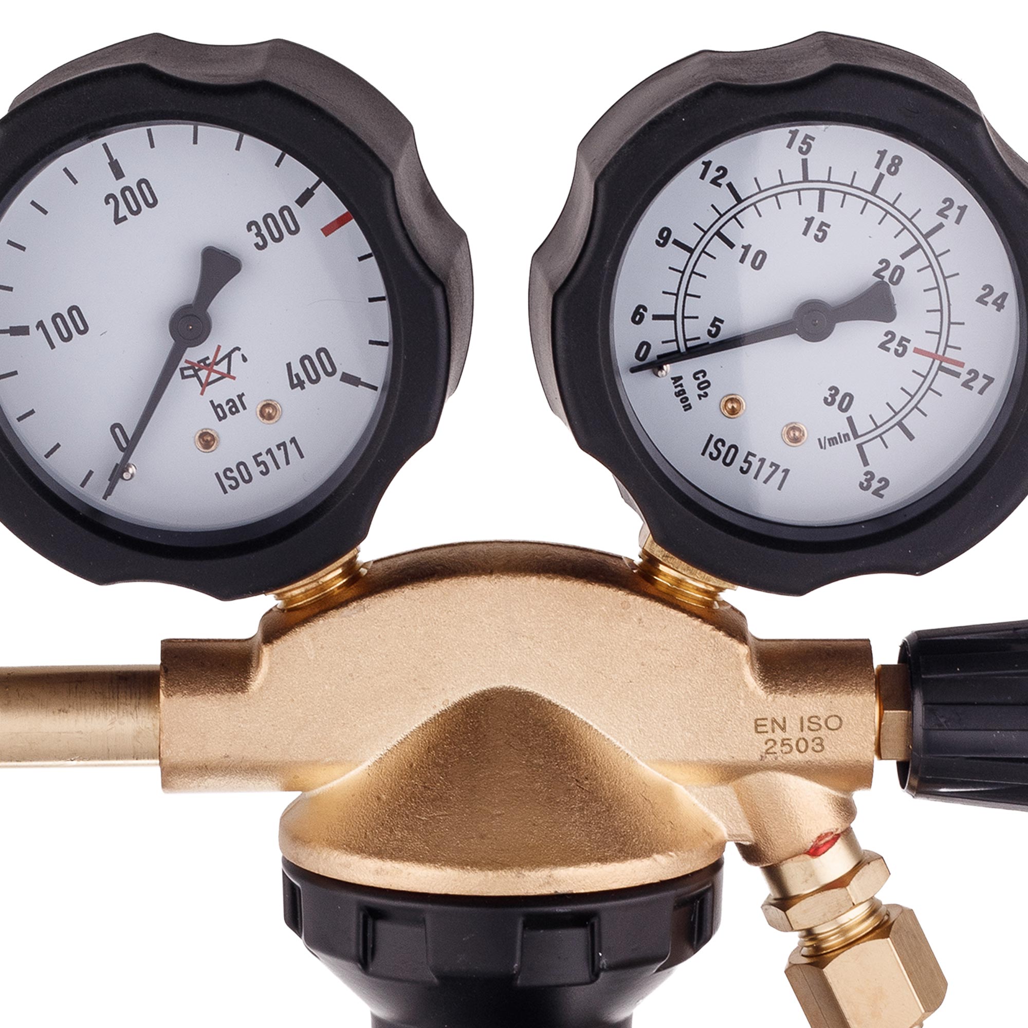 Redukční Ventil Argon CO2 TC Technic 0-4 Bar 32 m3/h Mosazný se 2 Manometry