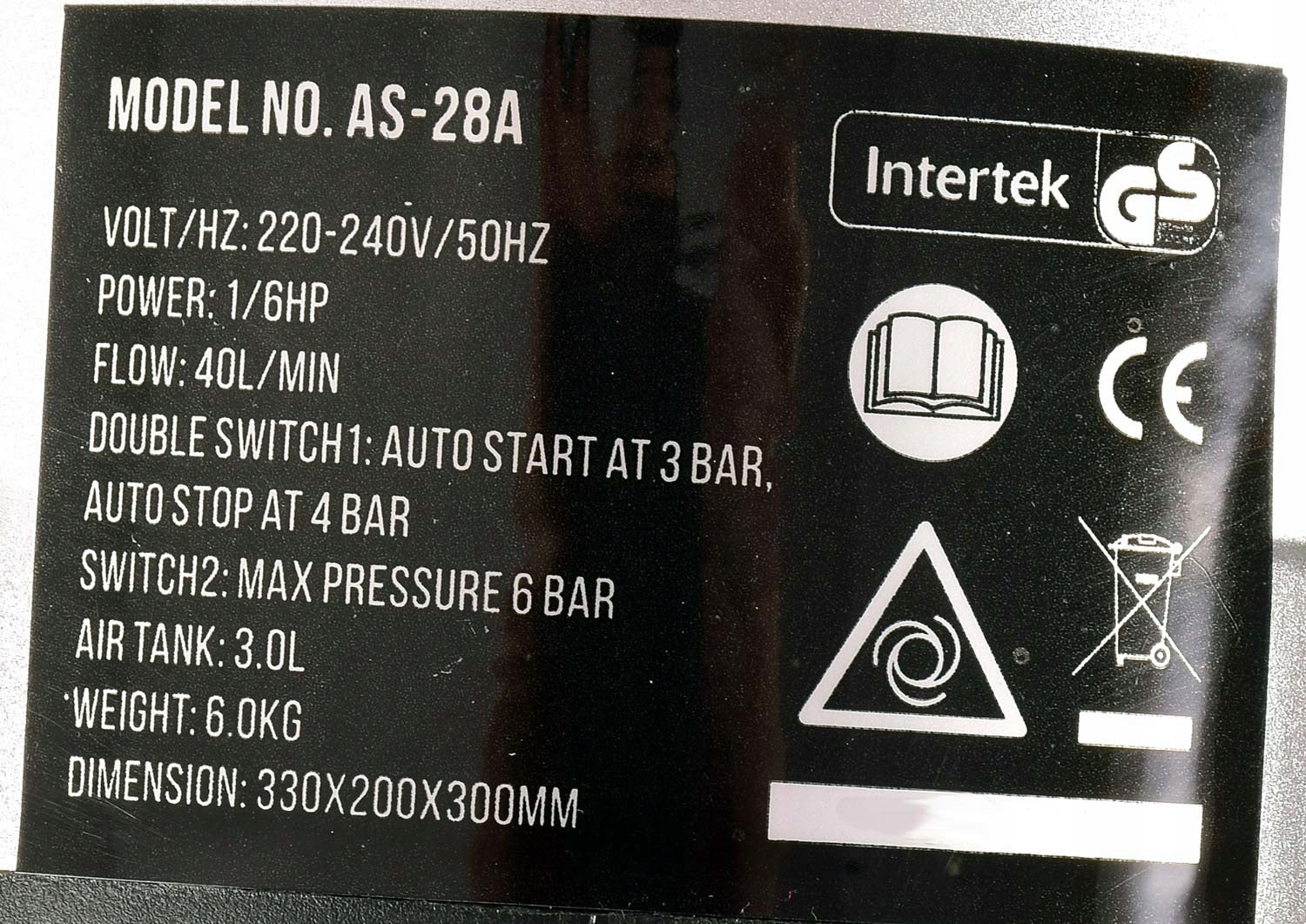 Airbrush kompresor AS-28A, až 6 barů, Dvouválcový, 46l/min, 3l nádrž, Vstup 1/8"